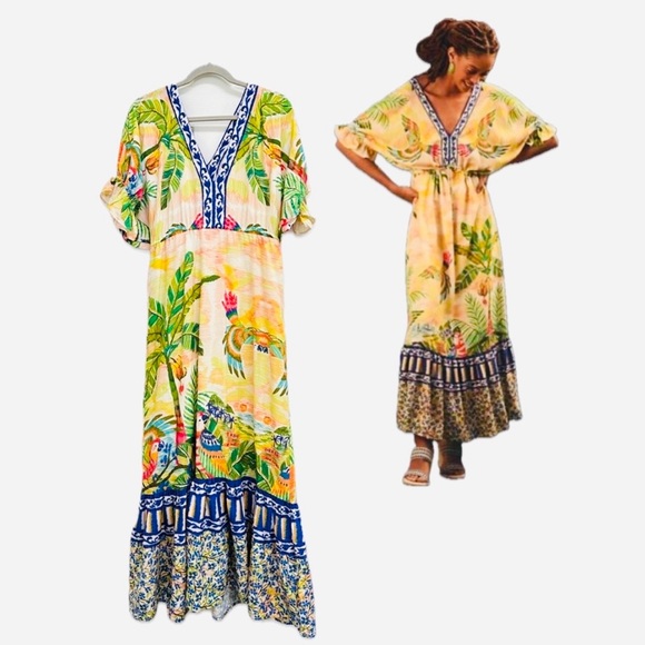 Rare‼️FARM Rio Tropical Print V-Neck Puff Sleeve Maxi Dress Fits Size XS or S - Picture 1 of 16